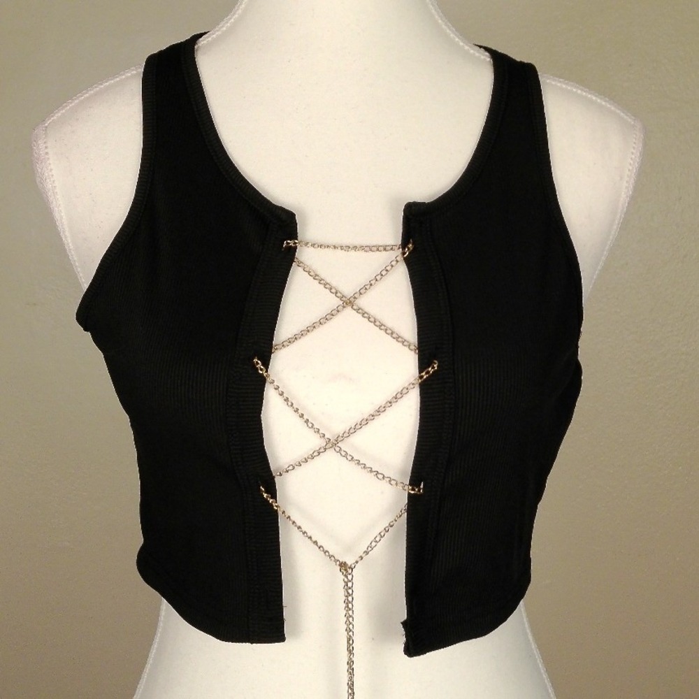 NWOT SHEIN Black Ribbed Chain Lace Up‎ Crop Tank Top Women's Size M